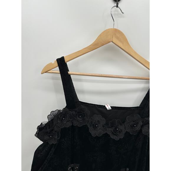 Rosegal Top 2X Black Velour Floral‎ Tie Whimsigoth Renaissance Witch Cosplay - Picture 4 of 8